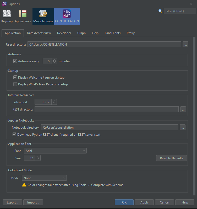 Application Options Panel
